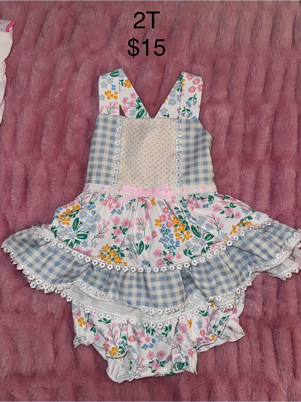 Floral Blue Gingham Ruffled Baby Bottoms Romper - 2T